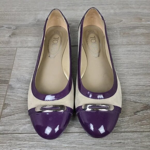 TODS Cream Suede & Purple Patent Leather Embellished Cap Toe Ballet Flats Sz 5.5 - Picture 5 of 15